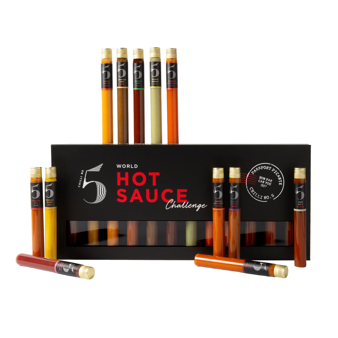Chilli No.5 Passport Piccante - World Flavours Hot Sauce Gift Set, 12 x 25ml glass vials in sleek black gift box