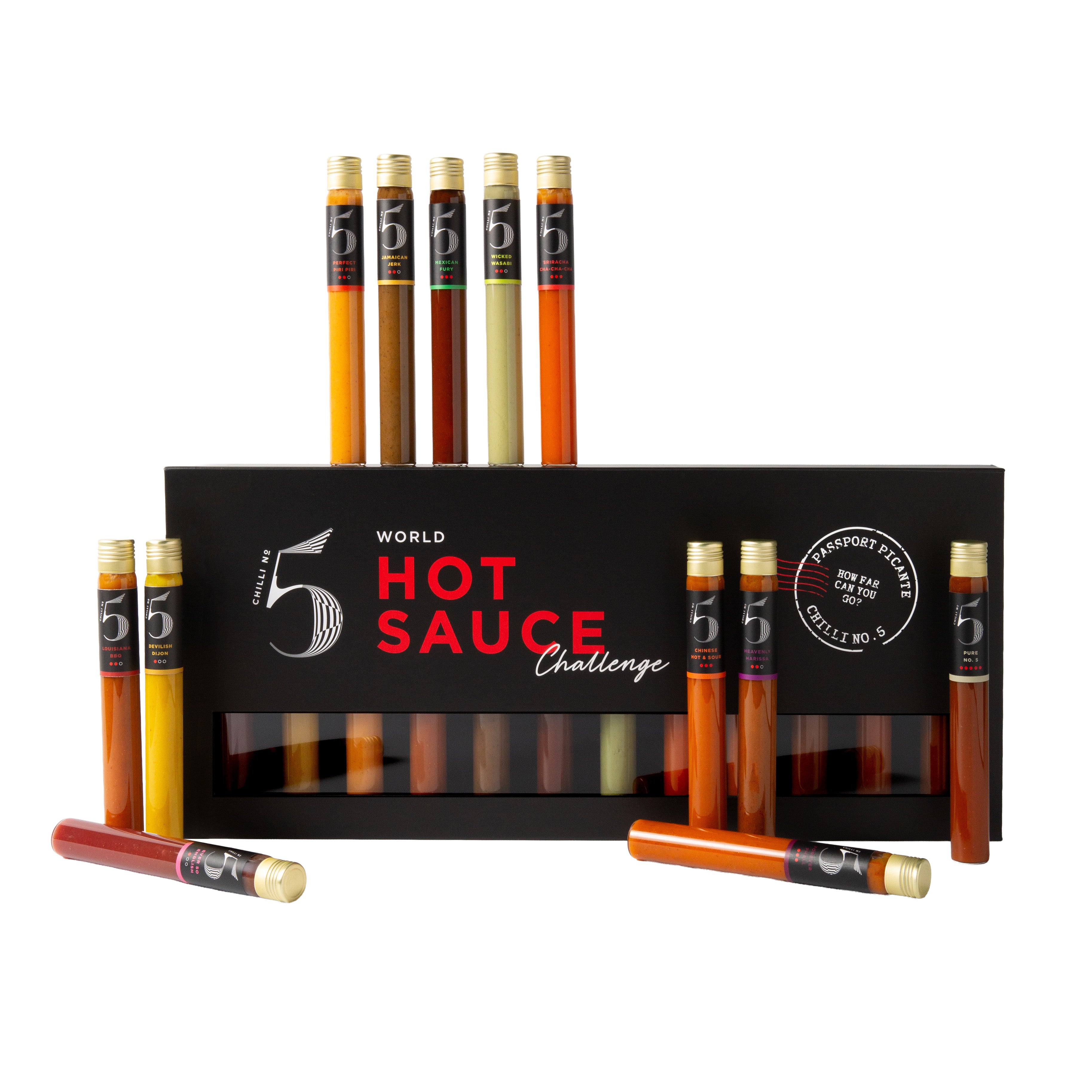 Chilli No.5 Passport Piccante - World Flavours Hot Sauce Gift Set, 12 x 25ml glass vials in sleek black gift box